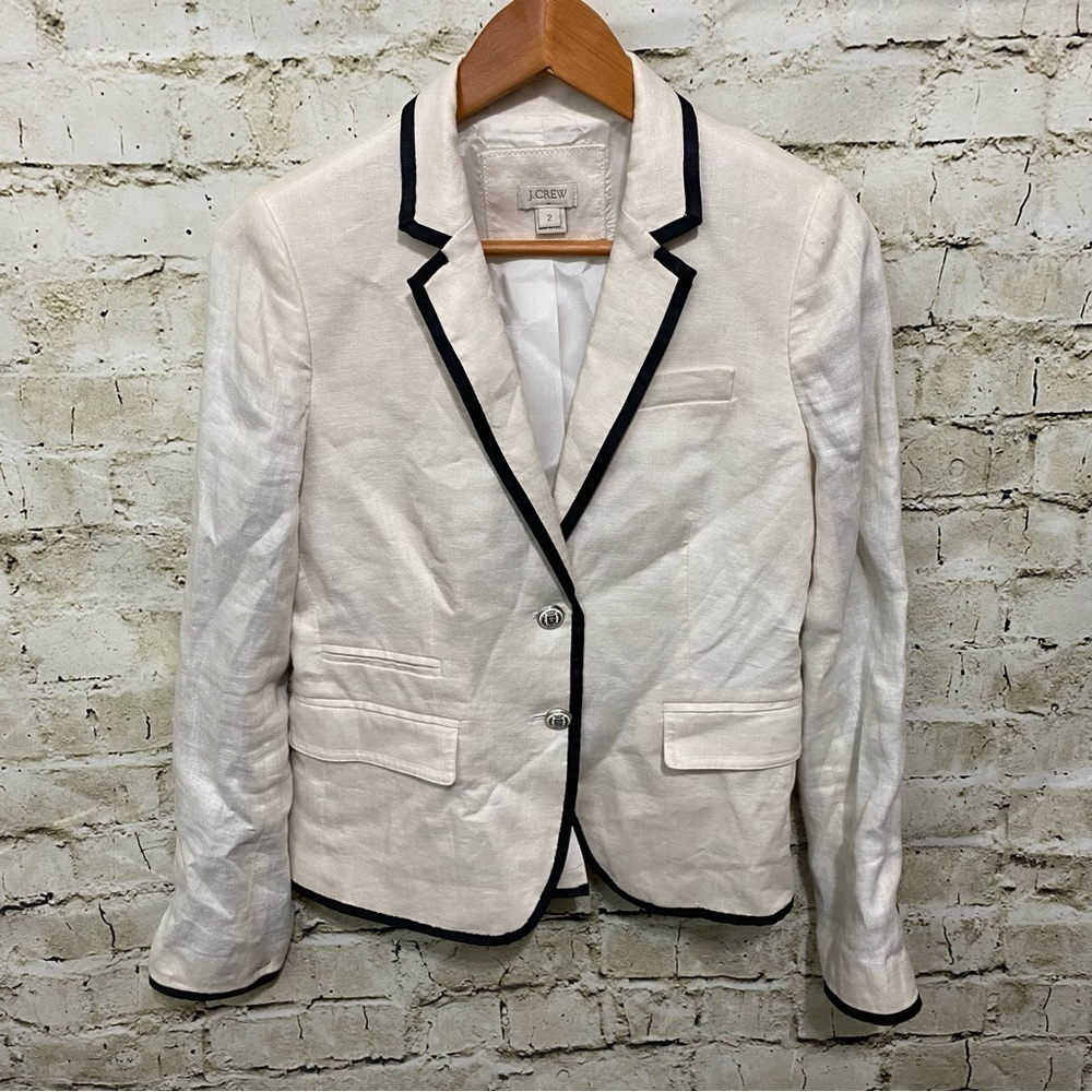 J Crew Ivory Black Trim Linen Lined Two Button Blazer Jacket